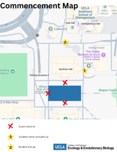 photo shows a map of the commencement entrances. There will be three check-in areas for guests. One near Kaufman Hall, one near the student activity center, and one closest to the stadium field. Students will pick up name cards near the fowler museum and will line up between Kaufman Hall and the Anderson school of management.